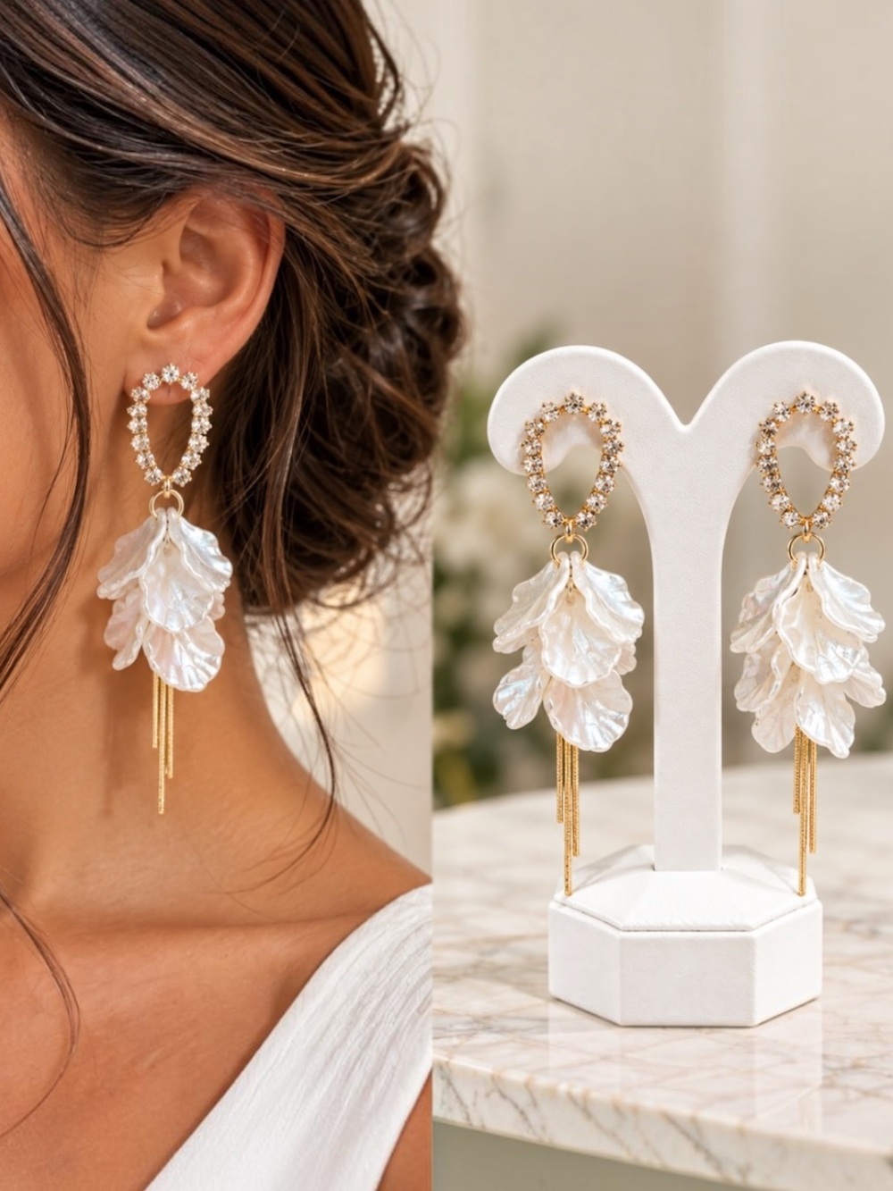 Pearlescent Shell Petal Crystal Drop Earrings Gold Tassel Statement